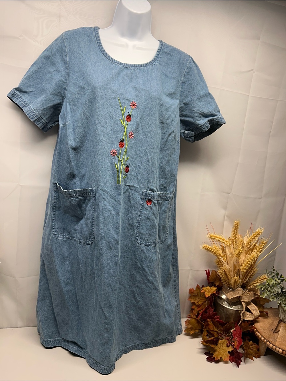 Large Blue Denim Dress with Embroidered Flowers